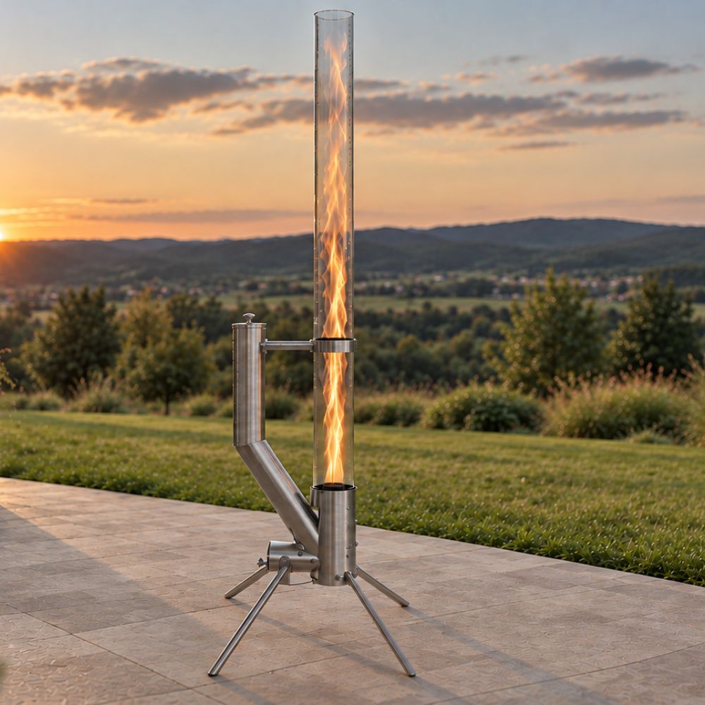 Gardenflare Essential Feuerrohr Edelstahl auf Terrasse mit Bergpanorama