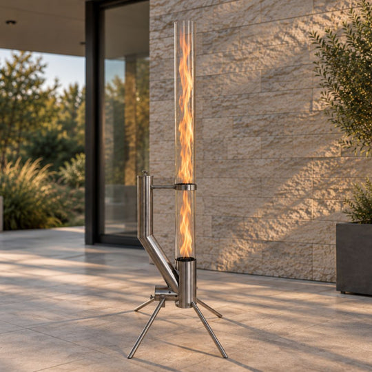 Gardenflare Essential Feuerrohr Edelstahl auf moderner Terrasse