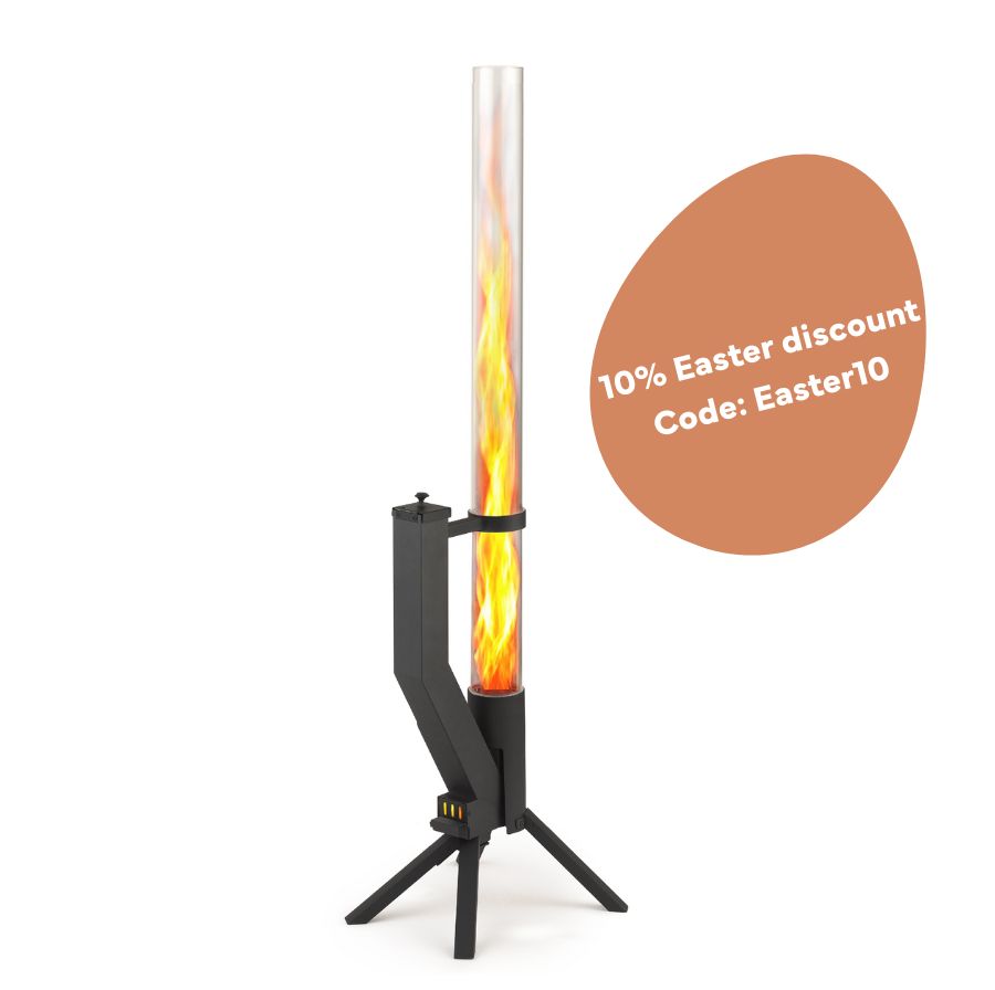 Black fire tube with visible flame on white background, next to an egg-shaped label with the text: 10% Easter discount, Code: Easter10