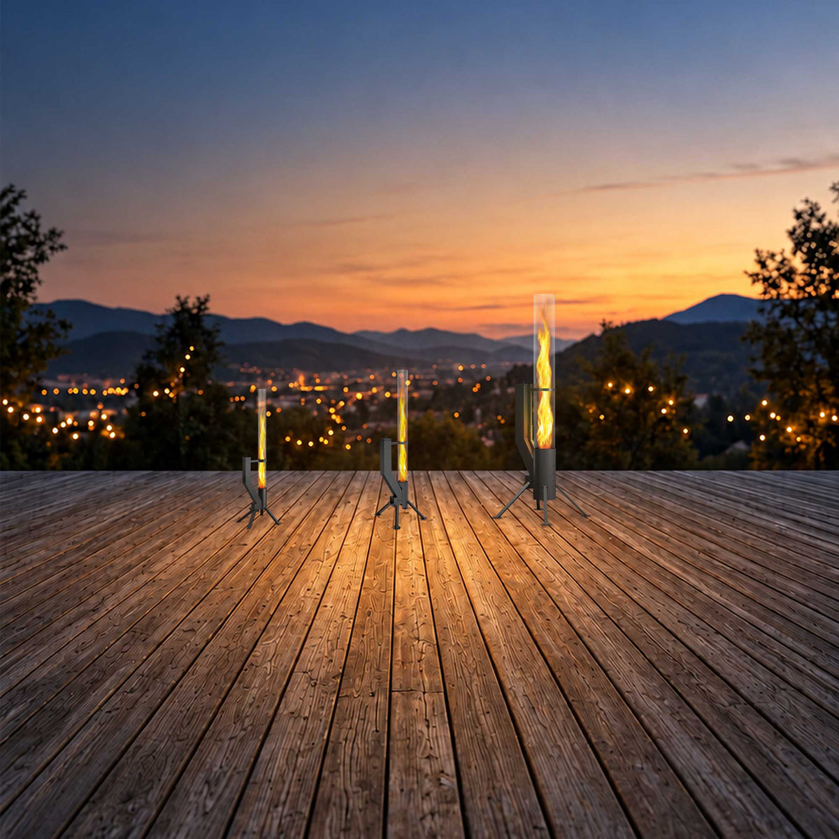 Feuerrohre Klassik, Premium und XXL auf einer Terrasse bei Sonnenuntergang