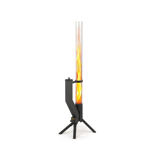Schwarzes Gardenflare Feuerrohr aus pulverbeschichtetem Edelstahl mit 1 Meter hoher Flamme.
