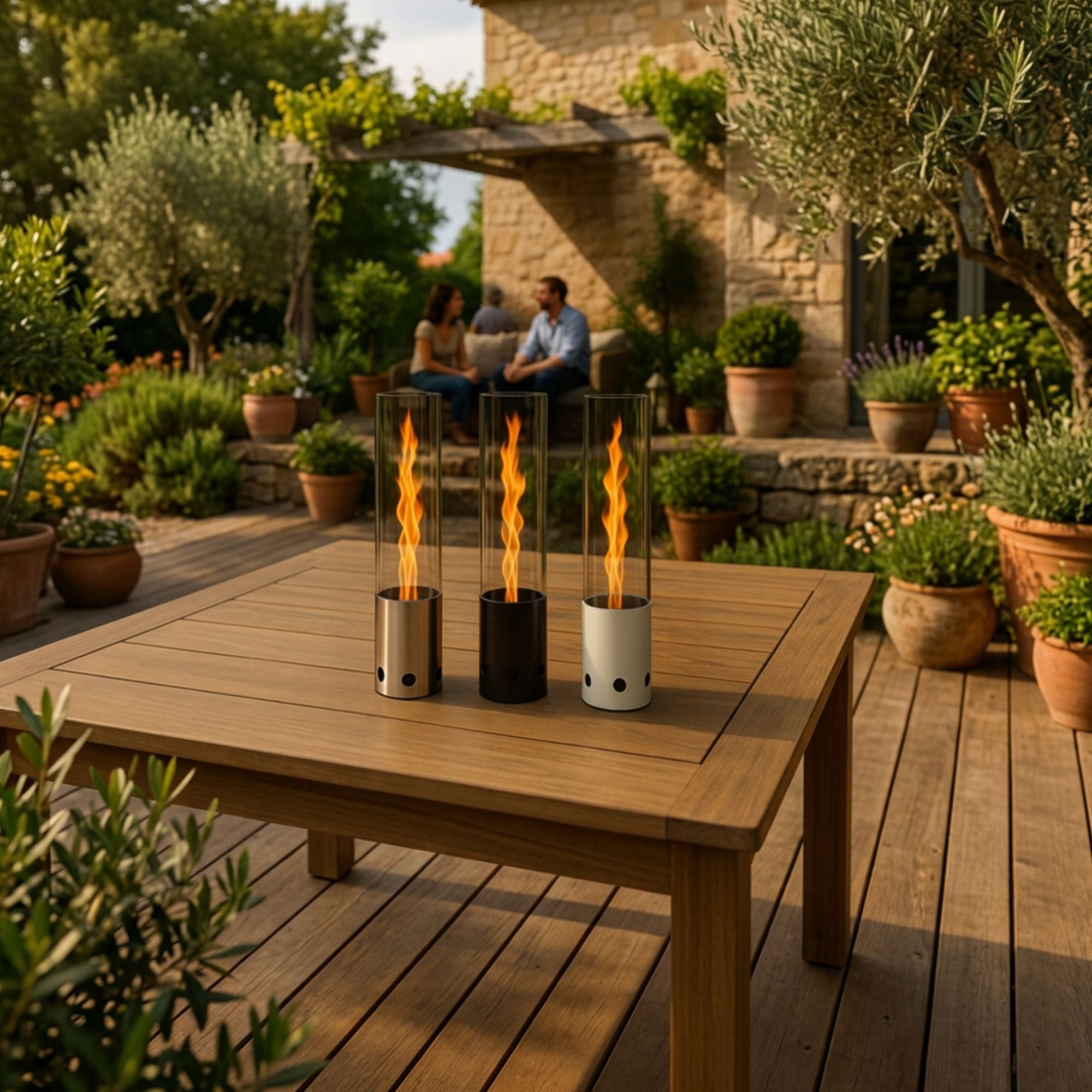 Drei Gardenflare Tischfeuer in Silber, Schwarz und Weiß mit Flammen auf einem Gartentisch.