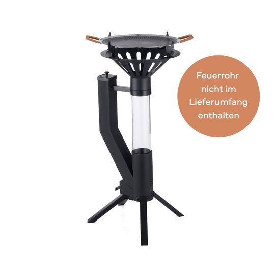 Gardenflare Grillaufsatz mit Outdoor Grillpfanne für das Klassik Feuerrohr in Schwarz mit Hinweis „Feuerrohr nicht im Lieferumfang enthalten“.