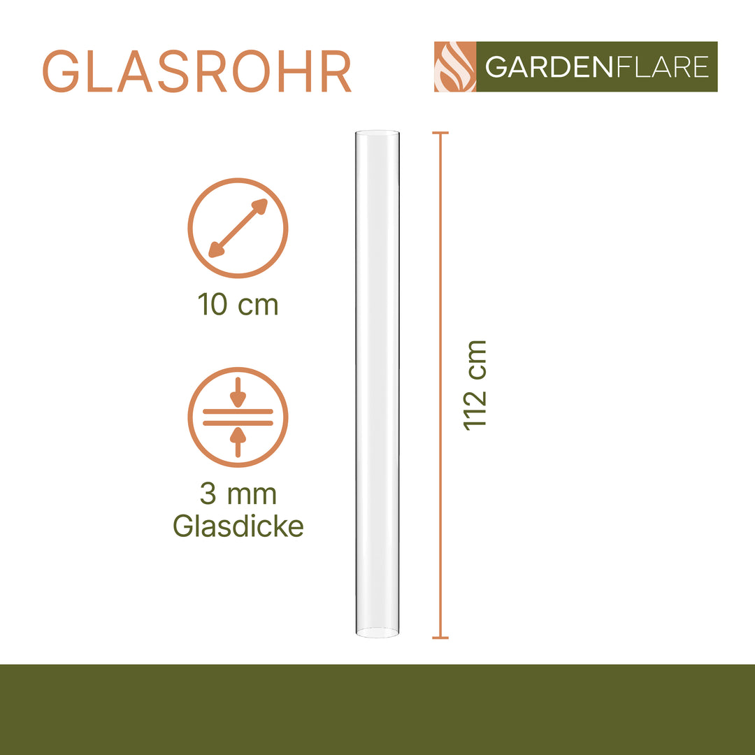 Transparentes Ersatz-Glasrohr für das Gardenflare Premium Feuerrohr, 112 cm hoch, 10 cm Durchmesser, 3 mm Glasstärke, dargestellt mit Maßangaben und Gardenflare-Logo.